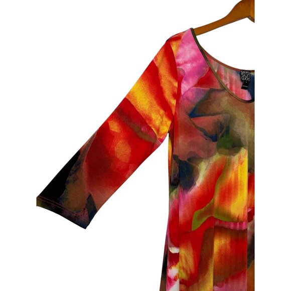 Clara Sun Woo Artsy Tunic Top A-Line Swingy Slinky Knit Watercolor Travel Size L - Picture 3 of 8